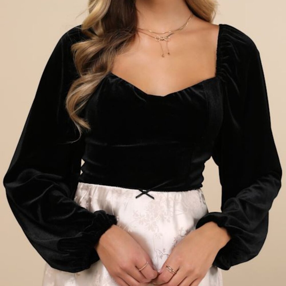 Lulus Exquisite Expectation Black Velvet Tie-back Balloon Sleeve Top - Size XS